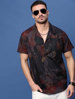 SHOWOFF - Men Brown Abstract Cuban Collar Relaxed Fit Shirt