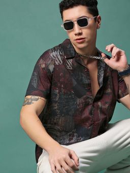 SHOWOFFFF - Men Maroon Abstract Cuban Collar Relaxed Fit Shirt