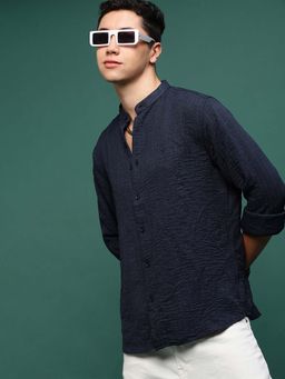 SHOWOFFFF - Men Navy Blue Textured Slim Fit Shirt