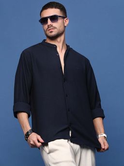 SHOWOFFFF - Men Navy Blue Textured Slim Fit Shirt