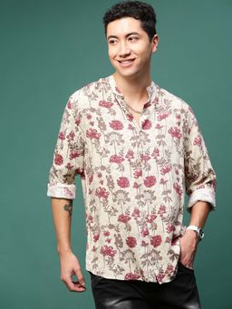 SHOWOFF - Men Cream & Pink Floral Slim Fit Shirt