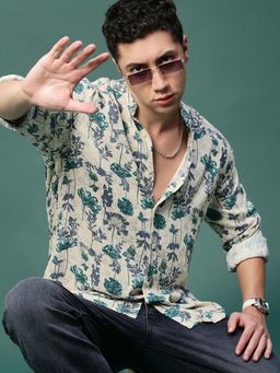 SHOWOFFFF - Men Cream & Green Floral Slim Fit Shirt