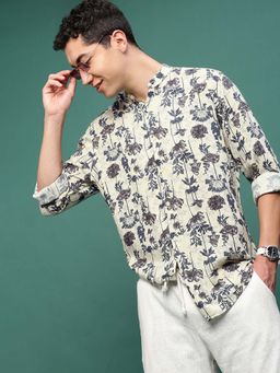 SHOWOFF - Men Cream & Navy Blue Floral Slim Fit Shirt