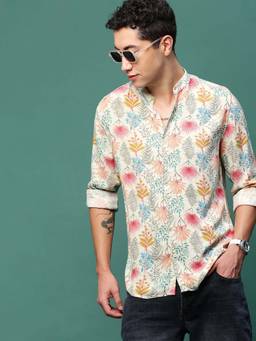 SHOWOFFFF - Men Cream Floral Slim Fit Shirt