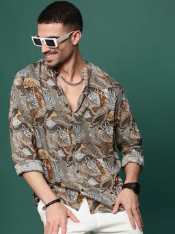 SHOWOFFFF - Men Olive Floral Slim Fit Shirt