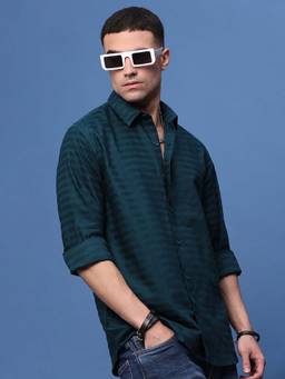 SHOWOFFFF - Men Teal Slim Fit Striped Shirt