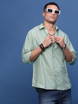 SHOWOFF - Men Light Green Slim Fit Striped Shirt