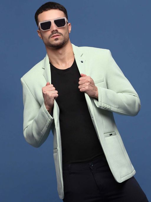 SHOWOFFFF Men Sea Green Slim Fit Single-Breasted Blazer