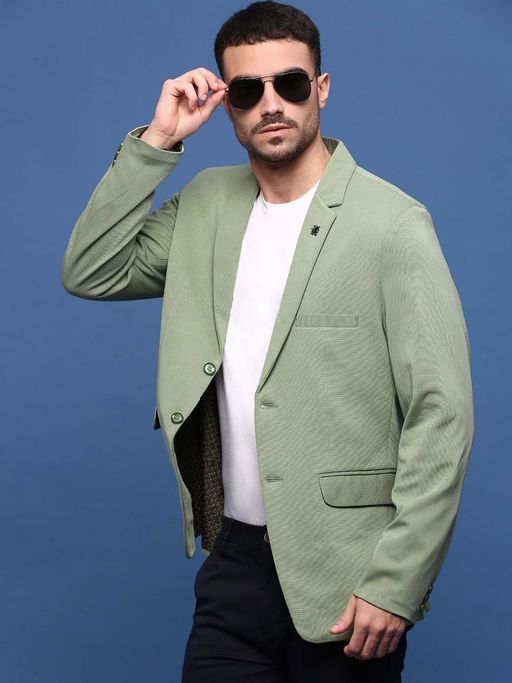 SHOWOFFFF Men Green Slim Fit Single-Breasted Blazer