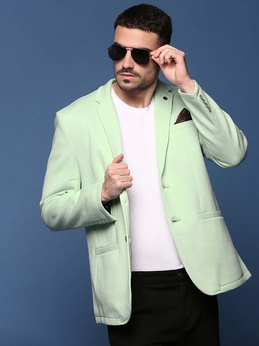 SHOWOFFFF Men Sea Green Slim Fit Single-Breasted Blazer