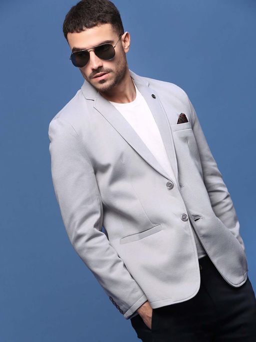 SHOWOFFFF Men Grey Slim Fit Single-Breasted Blazer