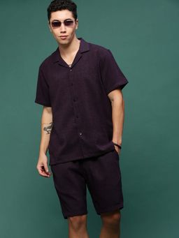 SHOWOFF - Men Purple Cuban Collar Solid Co-Ord (Set of 2)