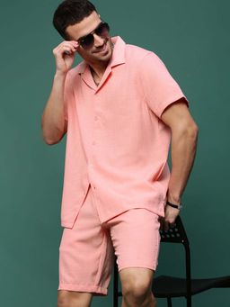 SHOWOFF - Men Pink Cuban Collar Solid Co-Ord (Set of 2)