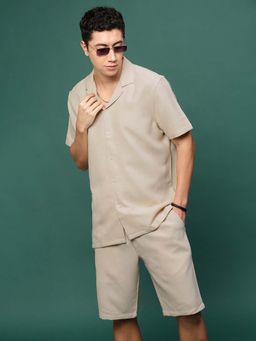 SHOWOFF - Men Beige Collar Self Design Co-Ord (Set of 2)