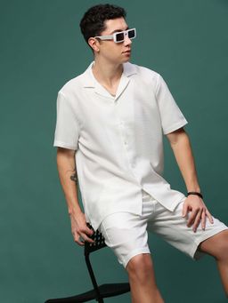 SHOWOFF - Men White Collar Self Design Co-Ord (Set of 2)