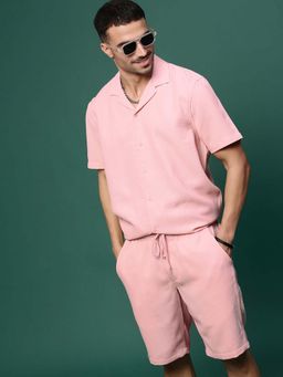 SHOWOFF - Men Pink Cuban Self Design Co-Ord (Set of 2)
