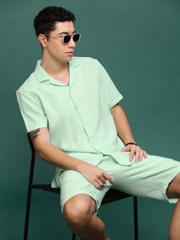 SHOWOFF - Men Sea Green Collar Self Design Co-Ord (Set of 2)