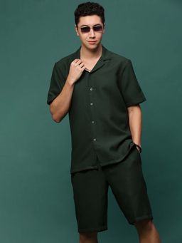 SHOWOFF - Men Green Cuban Collar Self Design Co-Ord (Set of 2)