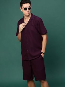 SHOWOFF - Men Purple Cuban Collar Self Design Co-Ord (Set of 2)