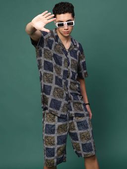 SHOWOFF - Men Navy Blue Cuban Collar Printed Co-Ord (Set of 2)