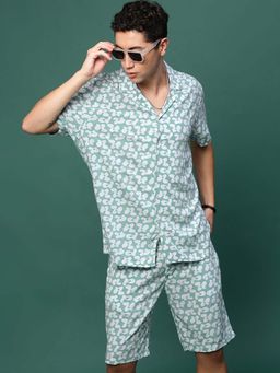 SHOWOFF - Men Sea Green Cuban Collar Printed Co-Ord (Set of 2)