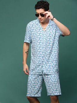 SHOWOFF - Men Blue Cuban Collar Printed Co-Ord (Set of 2)