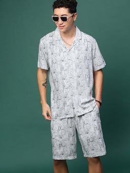 SHOWOFF - Men Off White Cuban Collar Printed Co-Ord (Set of 2)