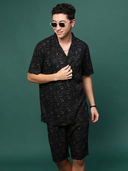 SHOWOFF - Men Black Cuban Collar Printed Co-Ord (Set of 2)