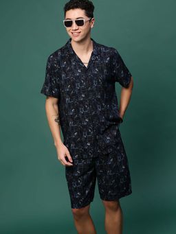 SHOWOFF - Men Navy Blue Cuban Collar Printed Co-Ord (Set of 2)