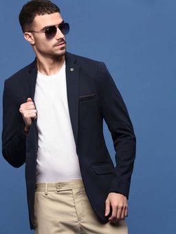 SHOWOFF - Men Navy Blue Slim Fit Single-Breasted Blazer
