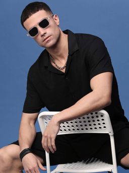 SHOWOFF - Men Black Cuban Collar Self Design Co-Ord (Set of 2)