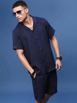 SHOWOFF - Men Navy Blue Cuban Collar Self Design Co-Ord (Set of 2)