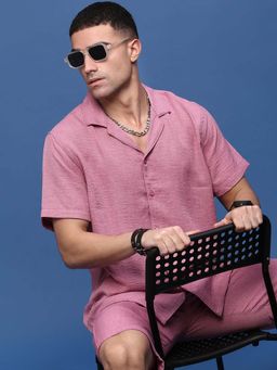 SHOWOFF - Men Purple Cuban Collar Self Design Co-Ord (Set of 2)
