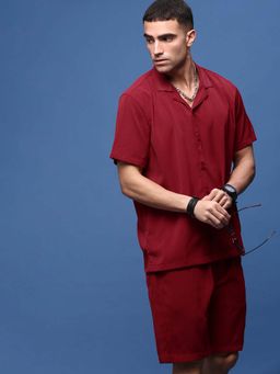 SHOWOFF - Men Red Cuban Collar Stripes Co-Ord (Set of 2)