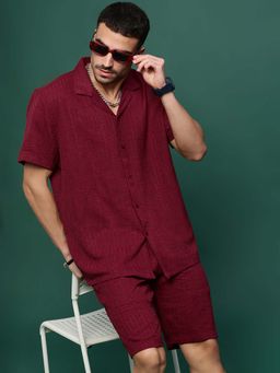 SHOWOFF - Men Maroon Cuban Collar Self Design Co-Ord (Set of 2)