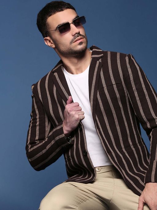 SHOWOFFFF Men Brown Slim Fit Single-Breasted Blazer
