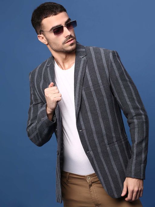 SHOWOFFFF Men Charcoal Slim Fit Single-Breasted Blazer
