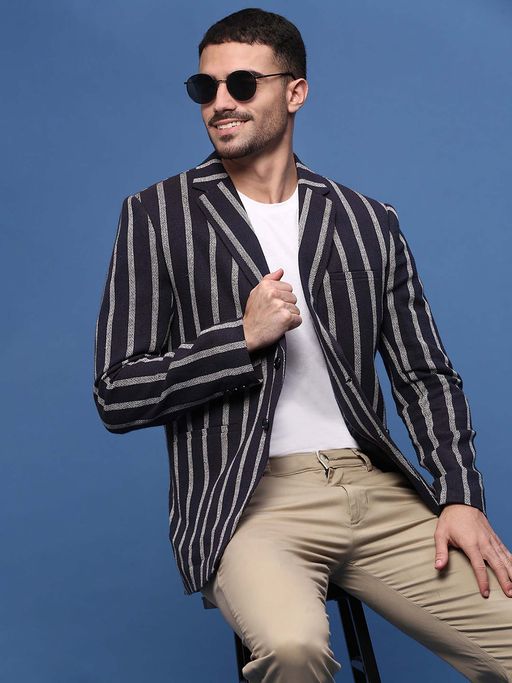 SHOWOFFFF Men Navy Blue Slim Fit Single-Breasted Blazer