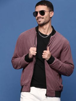 SHOWOFF - Men Mandarin Collar Solid Mauve Bomber Jacket