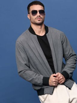 SHOWOFF - Men Mandarin Collar Solid Grey Bomber Jacket