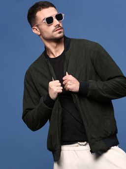 SHOWOFF - Men Mandarin Collar Solid Olive Bomber Jacket