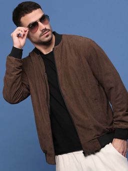 SHOWOFF - Men Mandarin Collar Solid Brown Bomber Jacket
