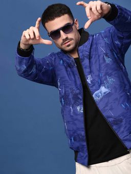SHOWOFF - Men Mandarin Collar Graphic Blue Bomber Jacket