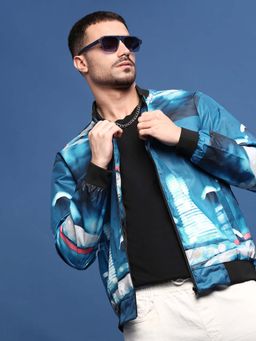 SHOWOFF - Men Mandarin Collar Abstract Blue Bomber Jacket