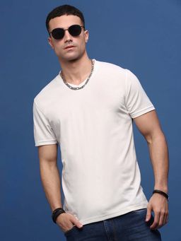 SHOWOFF - Men V-Neck White Cotton Solid T-Shirt