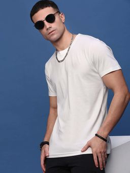 SHOWOFFFF - Men Round Neck White Cotton Solid T-Shirt