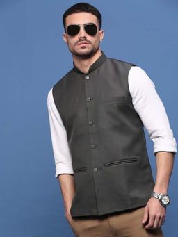 SHOWOFF - Men'S Solid Charcoal Slim Fit Nehru Jacket