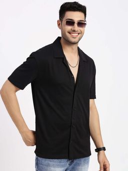 SHOWOFF - Mens Black Cuban Collar Relaxed Fit Stripes Shirt