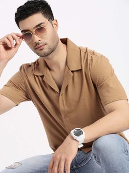 SHOWOFF - Mens Brown Cuban Collar Relaxed Fit Stripes Shirt