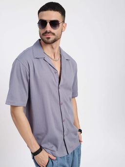 SHOWOFF - Mens Lavender Cuban Collar Relaxed Fit Stripes Shirt
